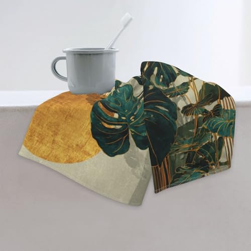 Boho Green Leaf Hand Towels Set of 2, Mid Century Modern Abstract Botanical Decorative Towels, Soft Lightweight Microfiber Absorbent Quick Dry Fingertip Towels for Bathroom Kitchen Spa Gym Home Decor
