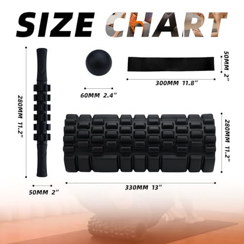 5 in 1 Foam Roller Set with Trigger Point Foam Roller, Massage Roller, Massage Ball and Stretching Strap for Physical Therapy, Muscle Recovery, Yoga, Pilates and Home Workout, Black