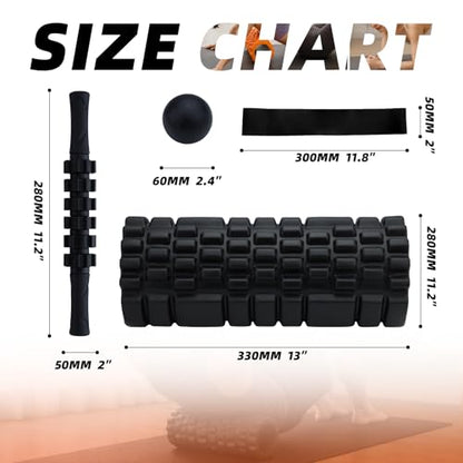 5 in 1 Foam Roller Set with Trigger Point Foam Roller, Massage Roller, Massage Ball and Stretching Strap for Physical Therapy, Muscle Recovery, Yoga, Pilates and Home Workout, Black