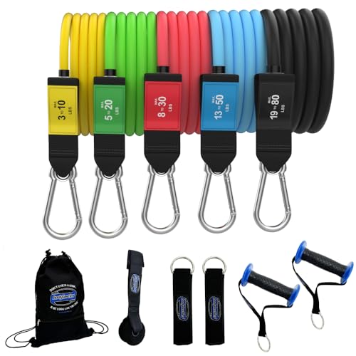 Bodylastics Patented Basic Series Resistance Band Set - Resistance Bands with Snap Reduction Tech, 2 Handles, 2 Ankle Straps, 1 Door Anchor & 1 Carry Bag - color: PRO 3-190 LBS Set Assorted
