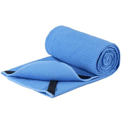 Microfiber Hot Yoga Towel Mat, 24 x 72 inches, with Non-Slip Silicone Grip, Secure Fit Elastic Straps (Blue)