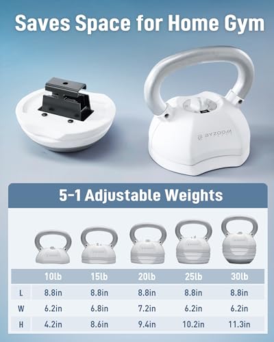 BYZOOM FITNESS Pure Series Adjustable Kettlebell 30/40/50LB - 5-IN-1 Weight Change, Patented Quick-Change Machenism, Ergonomic Curved Handle for Home Gym, Strength Training, HIIT, White OR Black - color: 30LB White