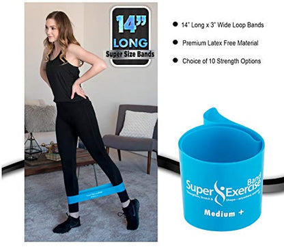USA 14" x 3" Extra Long Latex Free Mini Loop Bands in 3, 5, 10 Pack Sets. 10 Strengths for Resistance Training, Stretching, Yoga, Toning. Plus an Exclusive iPhone App and E-Book. - color: m. Sky Blue MEDIUM+ Loop Band 10 Pack
