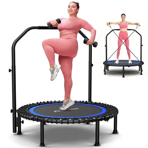 ANCHEER 48" Foldable Rebounder Trampoline for Adults/Kids with Resistance Bands and Bungees, Indoor & Outdoor Mini Trampoline with Bar and Safety Padding - Max Load 450lbs (Blue)