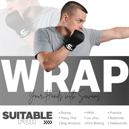 SAWANS Boxing Hand Wraps Inner Gloves for Hand Protection Long Wrist Straps Elasticated, Padded Martial Arts Combat Gloves Punching Bag Training Gel Mitts Muay Thai MMA - size: Kids/Junior
