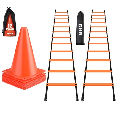 GHB Pro Agility Ladder 2 Pack and 7 Inch 12 Pack Soccer Cones 3 Carrying Bag