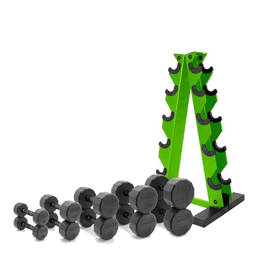 CAP Barbell 150 LB Coated Hex Dumbbell Weight Set with Vertical Rack | Multiple Options - color: Green Rack, style: 12-Sided Black Handle