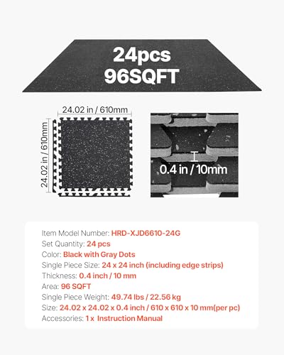 VEVOR 0.4Inch 96sq.ft 24 Tiles Gym Flooring for Home Gym, Rubber Top with High Density EVA Foam, 24 x 24In Gym Floor Exercise Equipment Mats, Interlocking Gym Mats, Puzzle Workout Mats, Black & Gray