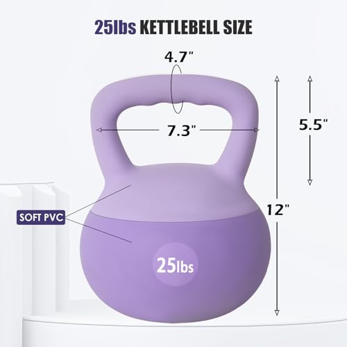 soges PVC One-Piece Kettlebell with Wide Handles, Strength Training Kettlebells 5lb to 35lb Optional for Women of Different Levels, Iron Sand Filled Soft Kettlebell - color: 25lbs - Purple
