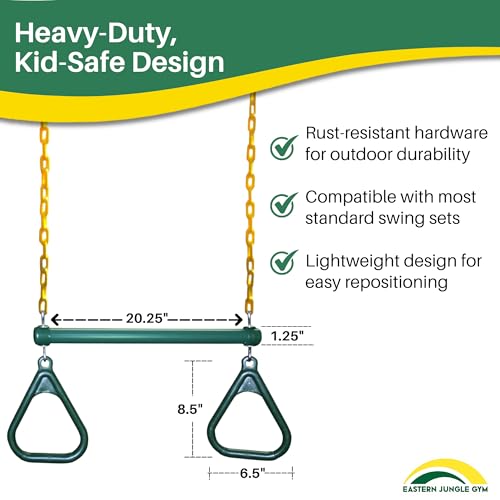 Heavy-Duty Ring Trapeze Bar Combo, Large 20" Trapeze Swing Bar with Triangular Gymnastic Rings and Pinch-Free Coated Swing Chains 43" Long