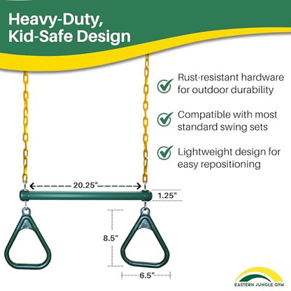 Heavy-Duty Ring Trapeze Bar Combo, Large 20" Trapeze Swing Bar with Triangular Gymnastic Rings and Pinch-Free Coated Swing Chains 43" Long