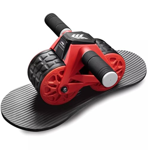 Automatic Rebound Ab Roller with Smart Display, Dual Wheel Design, Red, ABS Material, 150 lbs Weight Capacity, 9.5x9.5x2.82 inches