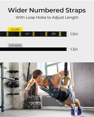 Gymnastics Rings 32mm Wooden Olympic Rings Support 1500lbs Locked Carabiners 9ft Double-Layer Numbered Straps Non-Slip Gym Rings with Foot Straps Door Anchor for Home Gym Full Body Workout - style: 01-1.25" Buckle Rings & Straps & Door Anchor & Foot Strap