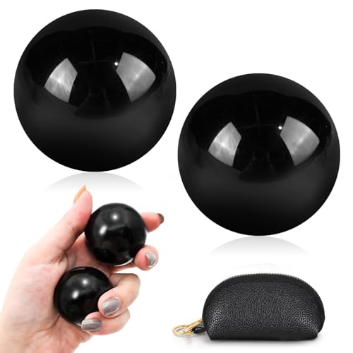 Hand Exercise Balls Set of 2, Chinese Stress Relief Baoding Balls with Leather Pouch - color: Black