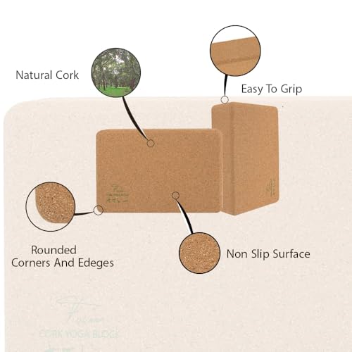 "FULANA Natural Cork Yoga Blocks (2-Pack) - High Density, Non-Slip Surface, Eco-Friendly (Women)(men) Yoga Accessories - 9x6x3 inches - Ideal Support for Yoga, Pilates, Stretching"