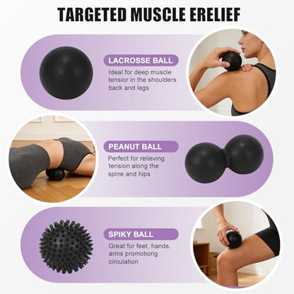 3-in-1 Massage Ball Set, Peanut Ball & Spiky Ball & Lacrosse Ball for Yoga, Myofascial Release, Plantar Fasciitis Relief, Deep Tissue Massage for Back, Neck, Shoulder Pain