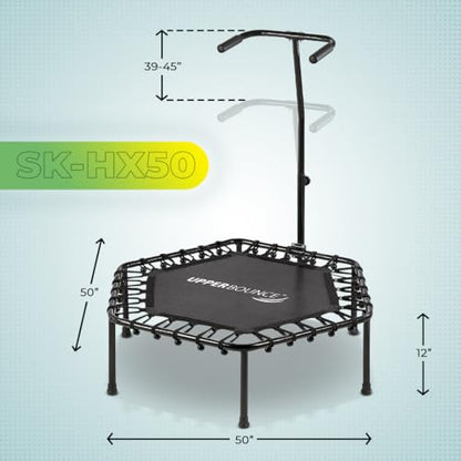 Upper bounce Mini Workout Trampoline Adjustable tshaped handrail – Hexagonal rebounder Trampoline Kids & Adults – Fitness Recreational Trampolines, Supports up 220lbs. (Black, 50 Inches)