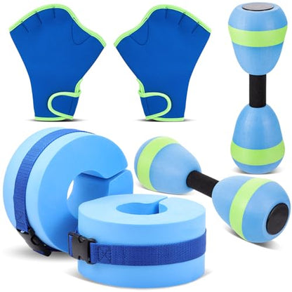 Water Aerobics Set Aquatic Exercise Set Include Water Foam Dumbbell Swim Aquatic Cuffs Ankle Arm Swimming Glove Pool Resistance Weights Pool Fitness Equipment for Training - color: Light Blue