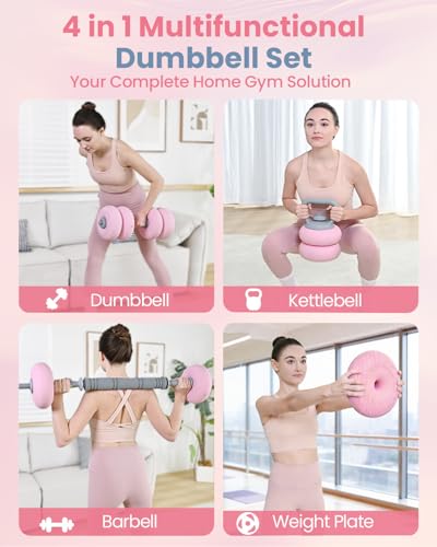 kisnbld Adjustable Dumbbell Set, 35/45/62LBS SoftShell Weight Set with Connector 4-IN-1 Dumbbell Set Used as to Barbell & Kettlebell for Home Gym, Fitness Exercise for Men Women Beginners - color: Pink-62 LB