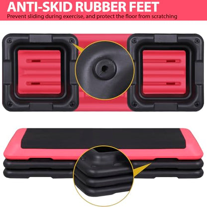 ZENY 43'' Exercise Aerobic Step Platform, Adjustable Fitness Stepper with 4 Stackable Risers, Aerobics Stepper Workout Stepper for Home Gym Cardio Strength & Training - color: Rose Pink