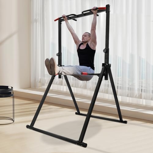 Foldable Power Tower Pull Up Bar Station, Pull Up Bars Adjustable Height Foldable Dip Station for Home Gym Workout, Heavy Duty for Strength Training, Bench Press and Leg Squats