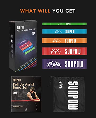 SUNPOW Pull Up Assistance Bands, Set of 5 Heavy Duty Resistance Bands for Men & Women, Natural Latex Exercise Bands for Pull-Up Progression, Home Workout, Strength Training, Mobility & Stretching