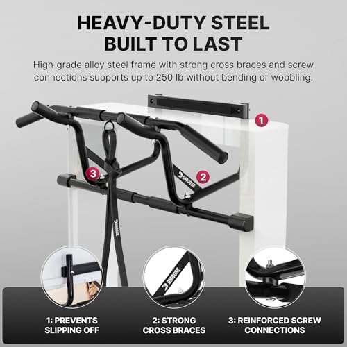DMoose Fitness Pull Up Bar for Doorway - Upto 250 Lbs Capacity, No Screwing or Slipping, Hanging Pullup & Chin Up Bar for Door Frame - Multi Padded Grips for Strength Training with Installation Guide