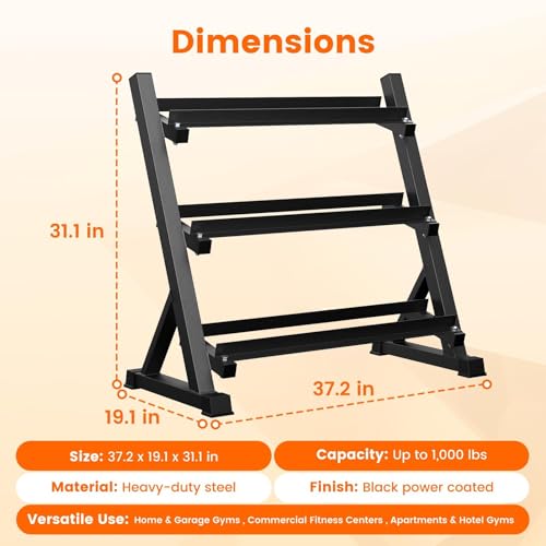 Dumbbell Rack, 3-Tier Dumbbell Weight Rack for Home Gym, Dumbbell Set for Dumbbell Kettlebell Barbell, Heavy Duty Weight Storage Organizer, Dumbbell Rack Stand Only