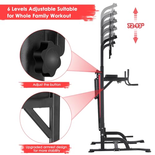 Power Tower with Bench, Pull Up Bar Stand, Dip Bar w/Folding Bench 4 Ropes Strength Training, Multi-Function Fitness Equipment for Home Gym, Adjustable Heights and Angles Dip Station, 400LBS