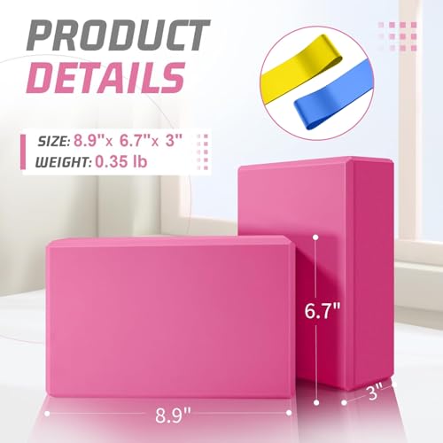 Yoga Blocks 2 Pack 3x6x9IN Foam Block Supportive Latex-Free with Stretch Band, Non-Slip Exercise Blocks for Pilates, Meditation, Balance, Stretching and Deep Poses - color: 2PACK-Magenta