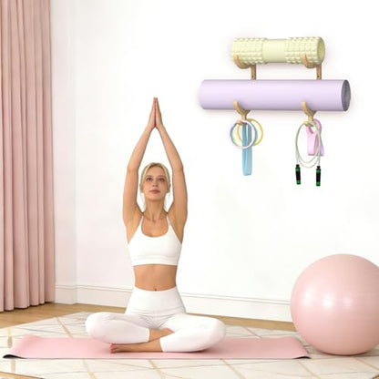 Wooden Yoga Mat Holder Wall Mount, Yoga Mat Storage Rack, Home Gym Equipment Organizer, Wall Mount Workout Storage Holder for Hanging Foam Rollers and Resistance Bands