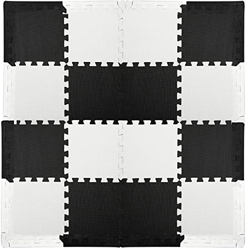 16 Tiles Interlocking Foam Mat Floor Tiles, 12" x 12" EVA Foam Puzzle Mat with Borders, 0.4" Thick Soft Protective Exercise Padding Mats for Fitness, Play, Gym, Black and Cream White