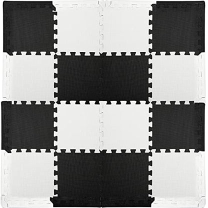 16 Tiles Interlocking Foam Mat Floor Tiles, 12" x 12" EVA Foam Puzzle Mat with Borders, 0.4" Thick Soft Protective Exercise Padding Mats for Fitness, Play, Gym, Black and Cream White