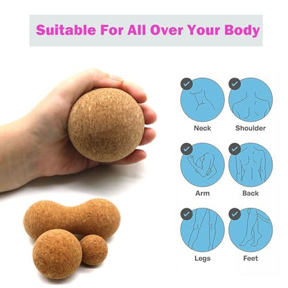 Cork Massage Ball Set for Fascia Release After Exercise, Yoga,Trigger Point Therapy, Relax Muscles, and Relieve Stress,Set of 3 （5.4"*2.4"+2.4"+1.7" Lacrosse Massage Balls