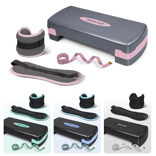 SAKAE Exercise Step Platform Set with Ankle Weights & Measuring Tape, Adjustable Height 2 Level Risers Workout Step Trainer, Aerobic Steppers for Home Gym Exercise Fitness Workout, Multiple Colors