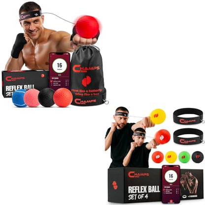 Boxing Reflex Ball Bundle with Punch Counter App | 4 Weighted Balls + 2-Headband Reflex Ball Set | Improve Speed, Agility & Hand-Eye Coordination | Boxing Equipment & MMA Training Gear
