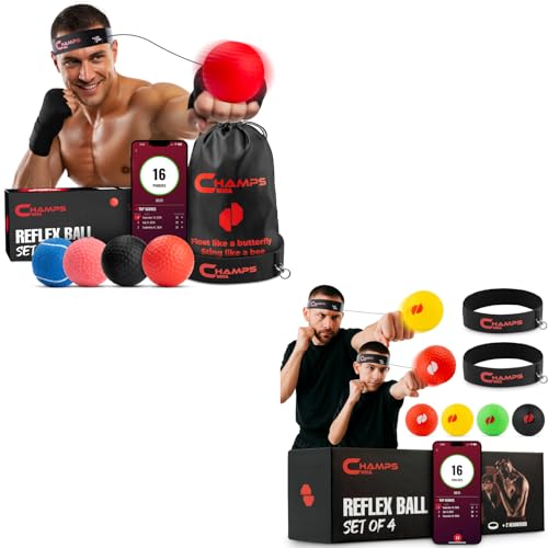 Boxing Reflex Ball Bundle with Punch Counter App | 4 Weighted Balls + 2-Headband Reflex Ball Set | Improve Speed, Agility & Hand-Eye Coordination | Boxing Equipment & MMA Training Gear