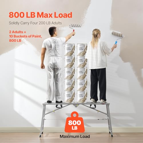 VEVOR Work Platform, 55"x 15" Portable Scaffolding Platform, Folding Steel Step Ladder Adjustable Height 27.5”-45.3”, 800 lbs Load Capacity, Non-Slip Drywall Painting Stool for Cleaning &Washing - size: 55"x 15"