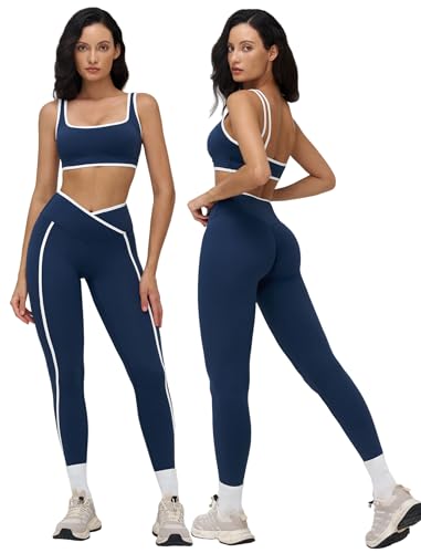 Womens Two Piece Workout Set Spaghetti Straps Color Block Sports Bra Matching High Waist Leggings Gym Work Out Outfits - color: Navy, size: Large