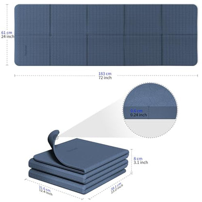 Readaeer Foldable Yoga Mat for Travel Folding Yoga Mat 6mm Thick with Carrying Bag, Non-Slip TPE Exercise Pilates Mat for 72" L x 24" W x 0.24 Inch - color: Blue