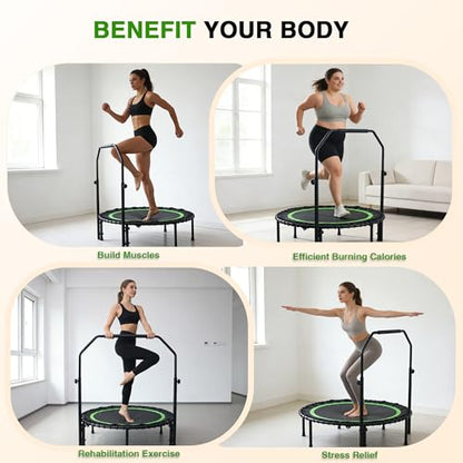 40" Mini Rebounder Trampoline for Adults with Handle, Foldable Mini Trampoline with Bungees, Adjustable Foam Handle, Stable & Quiet, Max Load 440lbs