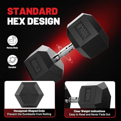 PAPABABE HEX Dumbbell Set 2.5-125lb, Rubber Encased Home Gym Dumbbells, Exercise & Fitness Weights Dumbbells for Women & Men, Hand Weight for Strength Training - size: 100 lb, Single, style: Chrome Handle