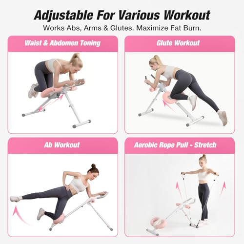 Ab Machine, Ab Workout Equipment, Adjustable Core & Ab Trainer Machine with Resistance Bands for Home Gym, Foldable, Knee Protection, Abdominal Exercise Equipment for Stomach Workout (Pink)