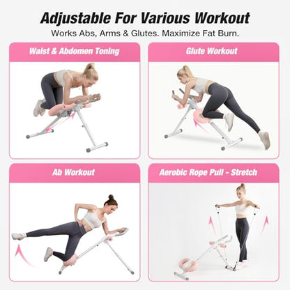 Ab Machine, Ab Workout Equipment, Adjustable Core & Ab Trainer Machine with Resistance Bands for Home Gym, Foldable, Knee Protection, Abdominal Exercise Equipment for Stomach Workout (Pink)