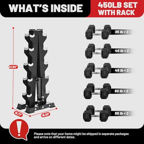 PAPABABE Hex Dumbbell Sets with Rack, 100-600lb Rubber Coated Dumbbell Weight Set and Storage Rack, Multiple Options Hand Weights for Strength Training - style: 450lb Set (Pair of 35, 40, 45, 50, 55lb)
