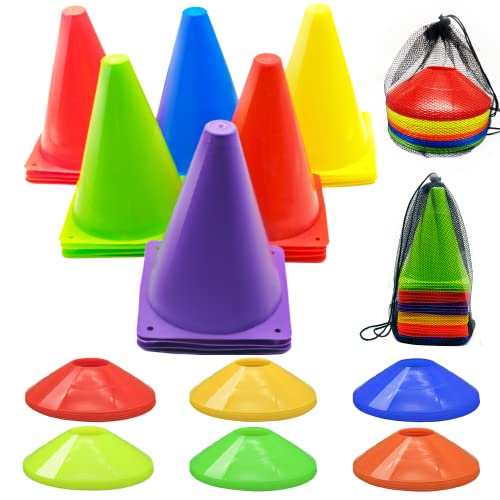 Soccer Cones Set, 84/42Pcs 7"/9" Cones Sports + Disc Cones, Cones for Sports with Carry Bag, Training Cones, Soccer Cones for Training, Plastic Soccer Cones for Drills - color: 7" traffic corn, Multicolor