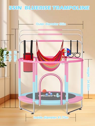 55IN 6FT Toddler Trampoline for Kids Indoor Outdoor Play for Kids Trampoline Basketball Hoop Attachment with Enclosure Net Easy to Assemble