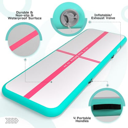 FINCOME Inflatable Gymnastics Mat Tumble Track Air Mats for Home with Pump - color: Green Red, size: 10ft*3.3ft*4inches(3m*1m*0.1m)