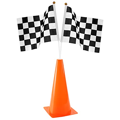Bekith 12 Pack 12.5 Inch Plastic Traffic Cones with Racing Chequered Flags, Orange Agility Sports Cones, Thick Soccer Training Cones for Outdoor Activity, Festive Events, Fitness Training