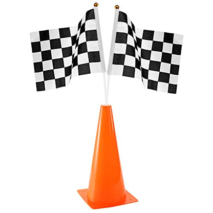Bekith 12 Pack 12.5 Inch Plastic Traffic Cones with Racing Chequered Flags, Orange Agility Sports Cones, Thick Soccer Training Cones for Outdoor Activity, Festive Events, Fitness Training